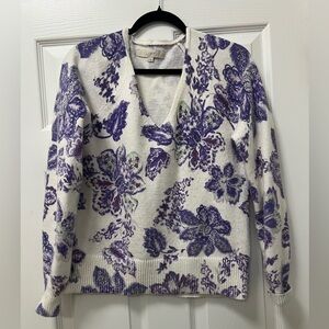 LOFT White V-Neck Sweater with Purple Floral Print